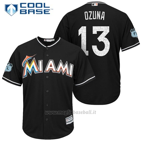 Maglia Baseball Uomo Miami Marlins Marchell Ozuna Nero 2017 Allenamento Primaverile Cool Base Giocatore